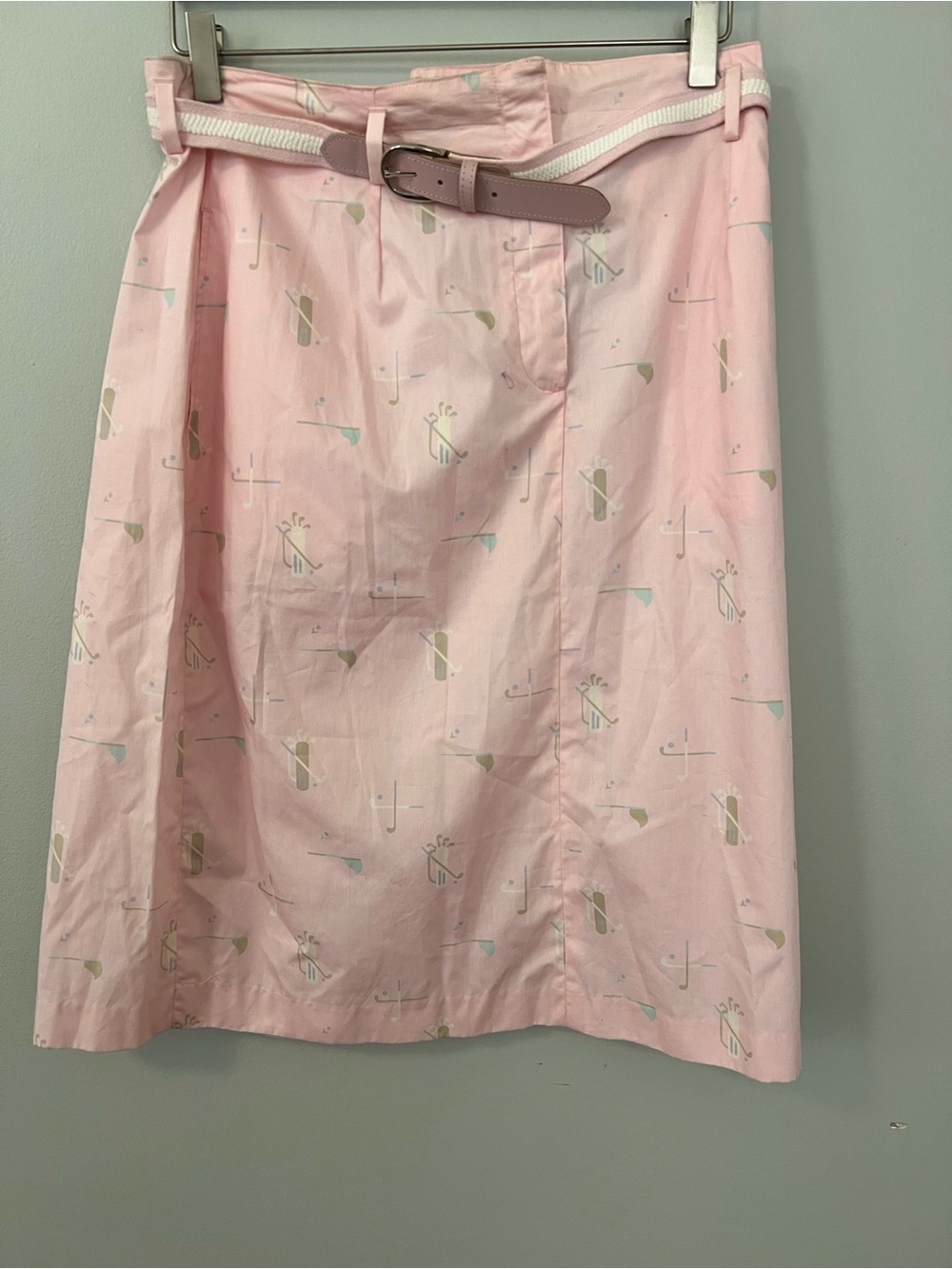 Vintage Deadstock NWT Pale Pink Golf Themed Belted Skirt • 32 (Vintage 14)